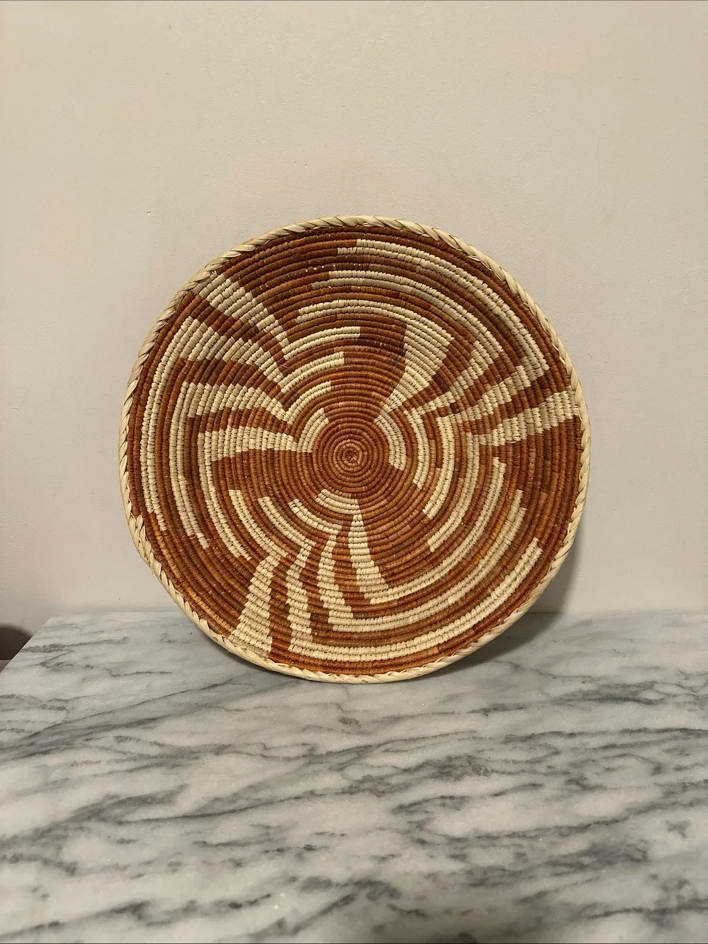 Handwoven Decorative Wall Basket in Brown and Cream small weave vintage